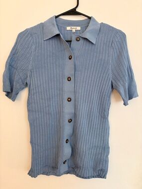 Madewell Dusty Blue Ribbed Short-Sleeve Button-Up Shirt